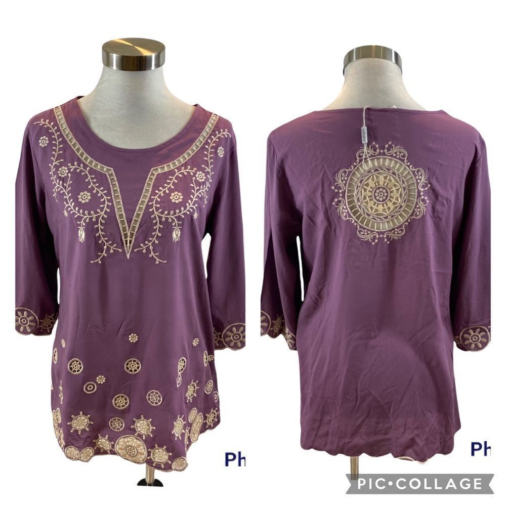 New With Tags Solitaire Brand Dusty Mauve Embroidered Tunic Top Size Medium